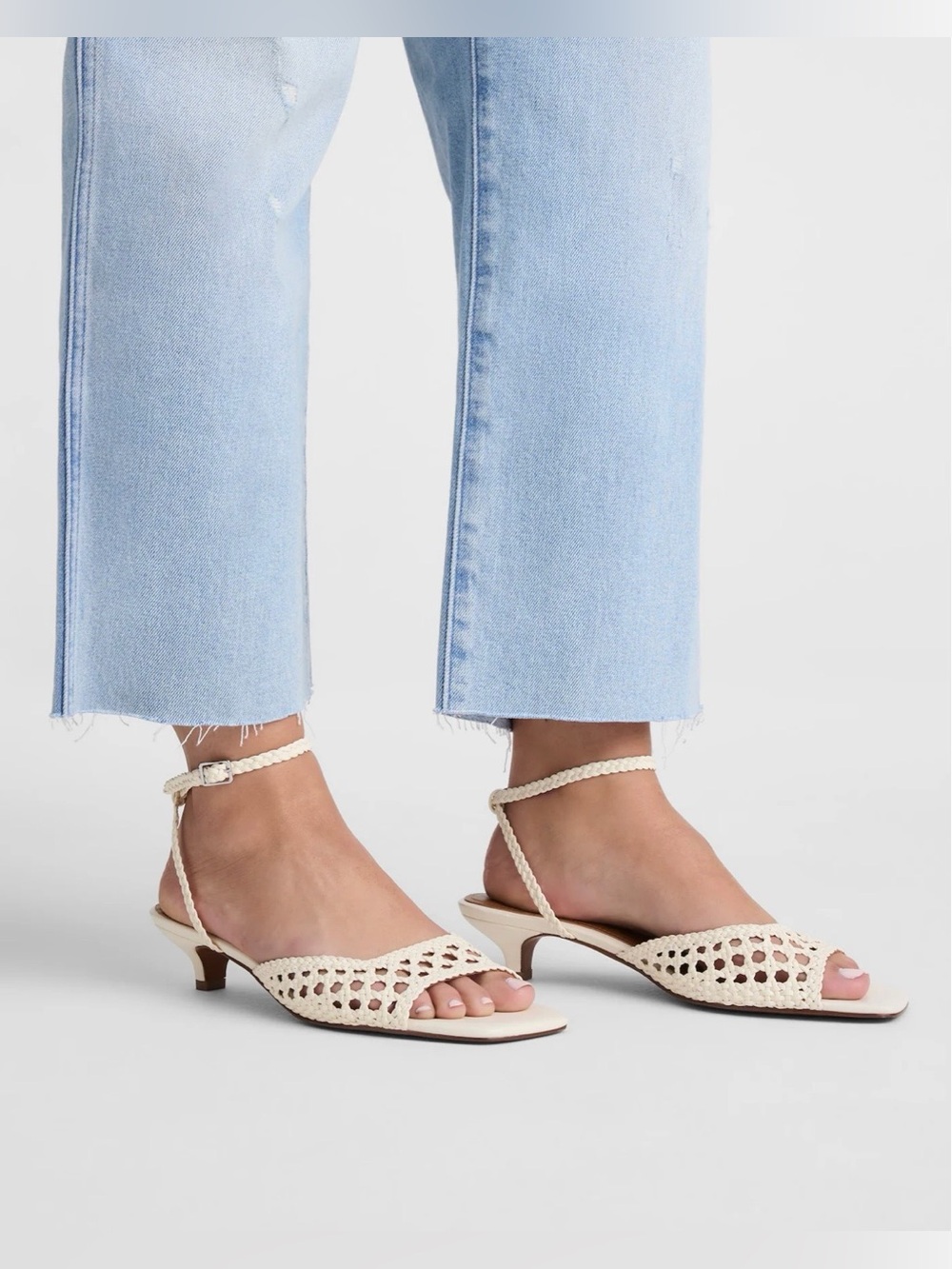 Madewell The Tyra Ankle-Strap Kitten-Heel Sandal Woven Leather Ivory OA494 8.5